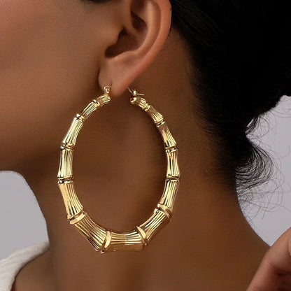 Exaggerated Large Bamboo Joint Hoop Earrings For Women Fashion Gold Color Circle Round Geometric Earrings Jewelry Party Gifts