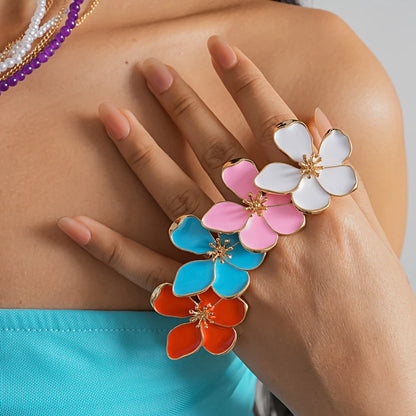 Fashion Colorful Drip Oil Flower Finger Rings for Women Sweet Metal Five Petal Floral Adjustable Ring Vacation Charms Jewelry
