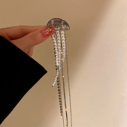 Fashion Silver Color Pearl Jellyfish Brooch For Women Exquisite Rhinestones Long Tassel Suit Pin Brooches Party Accessories