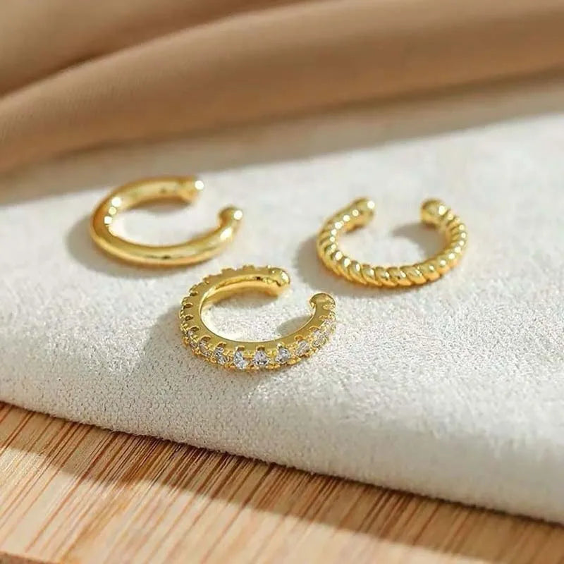 3Pcs/Set Fashion Gold Color Crystal Clip Earrings for Women Girls Minimalist Metal C-shaped Fake Piercing Ear Cuff  Ear Jewelry