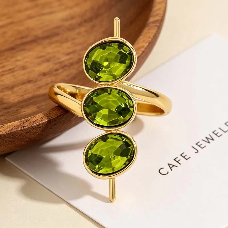 Luxury Green Zirconia Open Ring for Women Exquisite Crystak Bead Shaped Geometric Adjustable Ring Party Jewelry Gifts