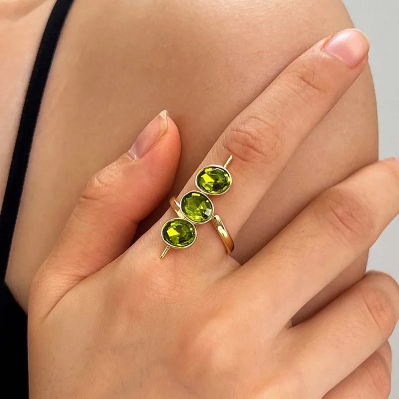 Luxury Green Zirconia Open Ring for Women Exquisite Crystak Bead Shaped Geometric Adjustable Ring Party Jewelry Gifts