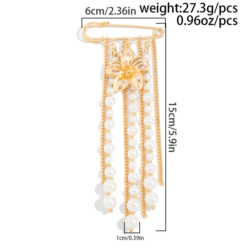 Fashion Metal Flower Pearl Tassel Chain Brooch For Women Exaggerated Multilayer Pants Chain Charm Brooches Jewelry Accessories