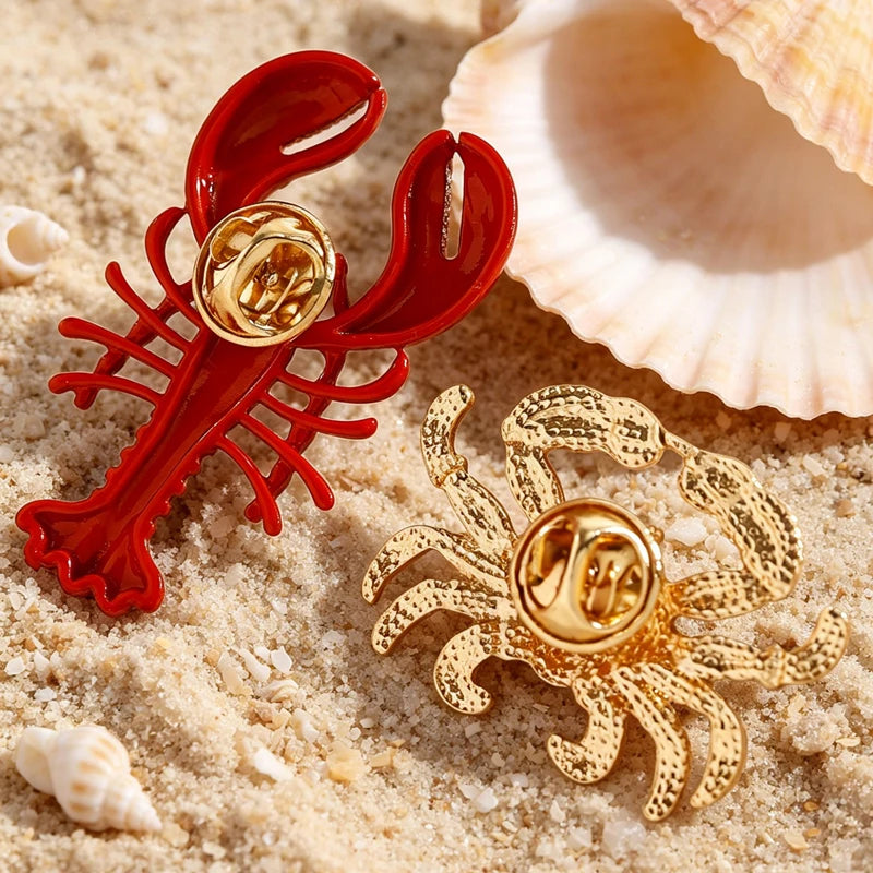 2026 New Summer Beach Red Lobster Brooch for Women Personality Metal Crab Animal Corsage Clothes Pin Party Accessories Gift