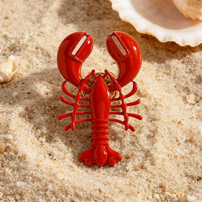2026 New Summer Beach Red Lobster Brooch for Women Personality Metal Crab Animal Corsage Clothes Pin Party Accessories Gift