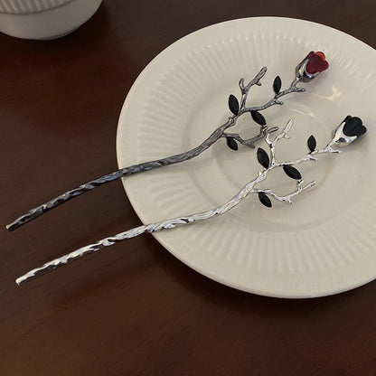 2026 New Chinese Hairpin Hair Stick Rose Flower Crystal Branch Metal Texture Vintage Hair Accessories for Women Headwear Jewelry