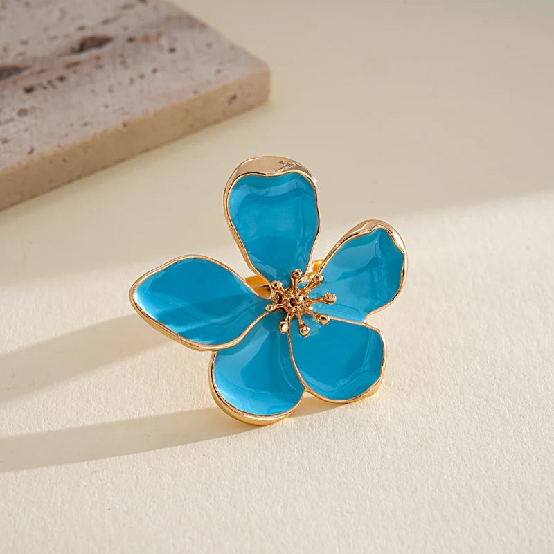 Fashion Colorful Drip Oil Flower Finger Rings for Women Sweet Metal Five Petal Floral Adjustable Ring Vacation Charms Jewelry