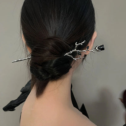 2026 New Chinese Hairpin Hair Stick Rose Flower Crystal Branch Metal Texture Vintage Hair Accessories for Women Headwear Jewelry