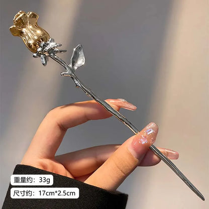 Punk Metal Rose Flower Hair Sticks Hairpins for Women Girls Vintage Chinese Style Flower Hair Clips Pins Hair Accessories