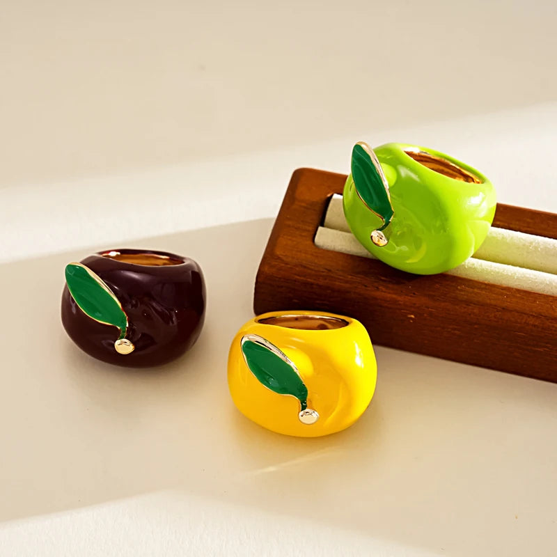 Creative Colorful Drip Oil Apple Ring for Women Personality Fashion Cartoon Fruit rings Design Sense Finger Ring Jewelry