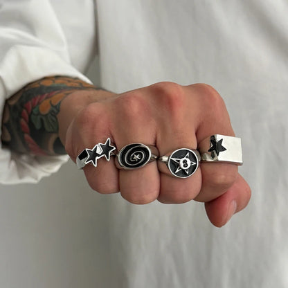 5Pcs/set Hip-Hop Punk Metal Zircon Ring Set for Men Retro Metal Art Carved Zircon Inlaid Rings Casual Trendy Jewelry Wear Gifts