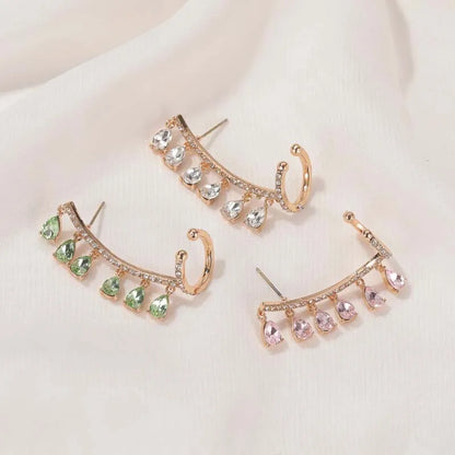 Fashion Teardrop Tassels Curved Stud Earrings For Women Elegant Pink Shiny Zircon Earrings Wedding Jewelry Accessories