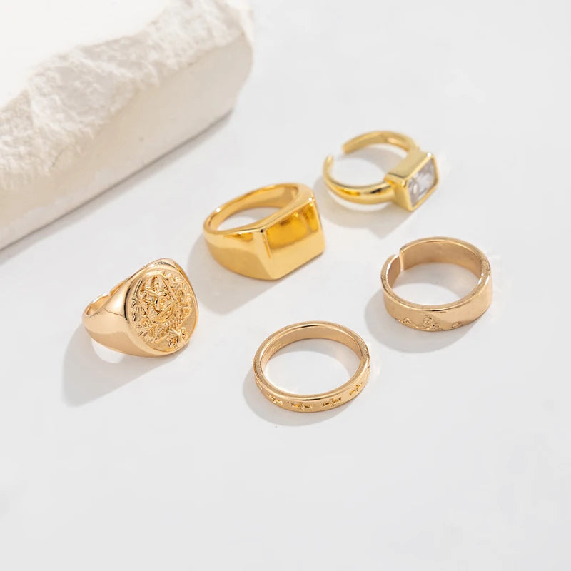 5Pcs/set Hip-Hop Punk Metal Zircon Ring Set for Men Retro Metal Art Carved Zircon Inlaid Rings Casual Trendy Jewelry Wear Gifts