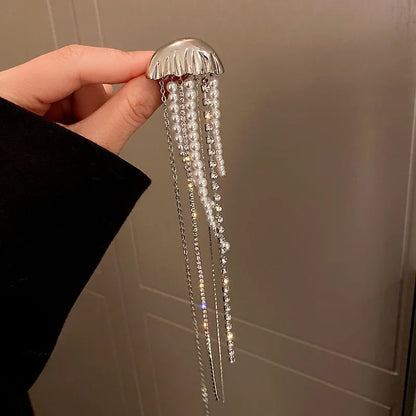 Fashion Silver Color Pearl Jellyfish Brooch For Women Exquisite Rhinestones Long Tassel Suit Pin Brooches Party Accessories