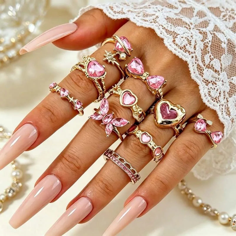 10Pcs/Set Y2K Pink Zircon Heart Bowknot Open Rings Set for Women Fashion Metal Irregular Adjustion Finger Ring Wedding Jewelry