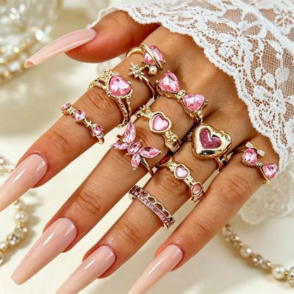10Pcs/Set Y2K Pink Zircon Heart Bowknot Open Rings Set for Women Fashion Metal Irregular Adjustion Finger Ring Wedding Jewelry