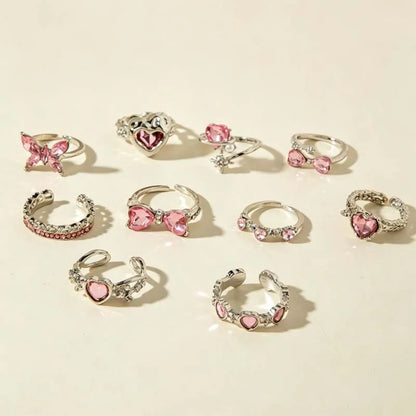 10Pcs/Set Y2K Pink Zircon Heart Bowknot Open Rings Set for Women Fashion Metal Irregular Adjustion Finger Ring Wedding Jewelry