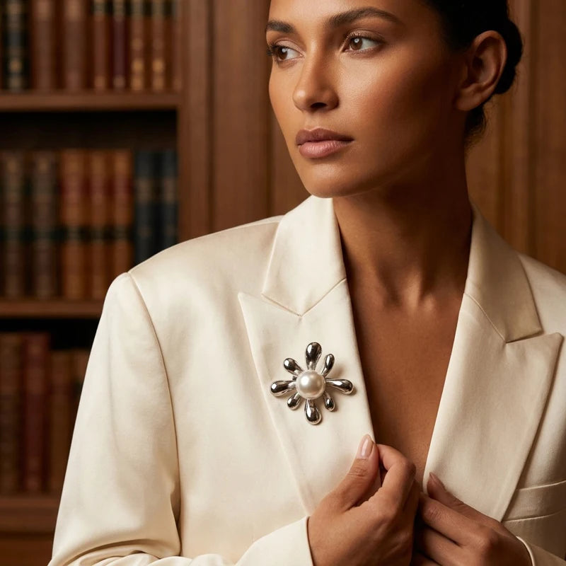 Minimalist Style Stainless Steel Flower Brooches Women's Pearl Brooch Easy Match Party Casual Pin Jewelry Accessories