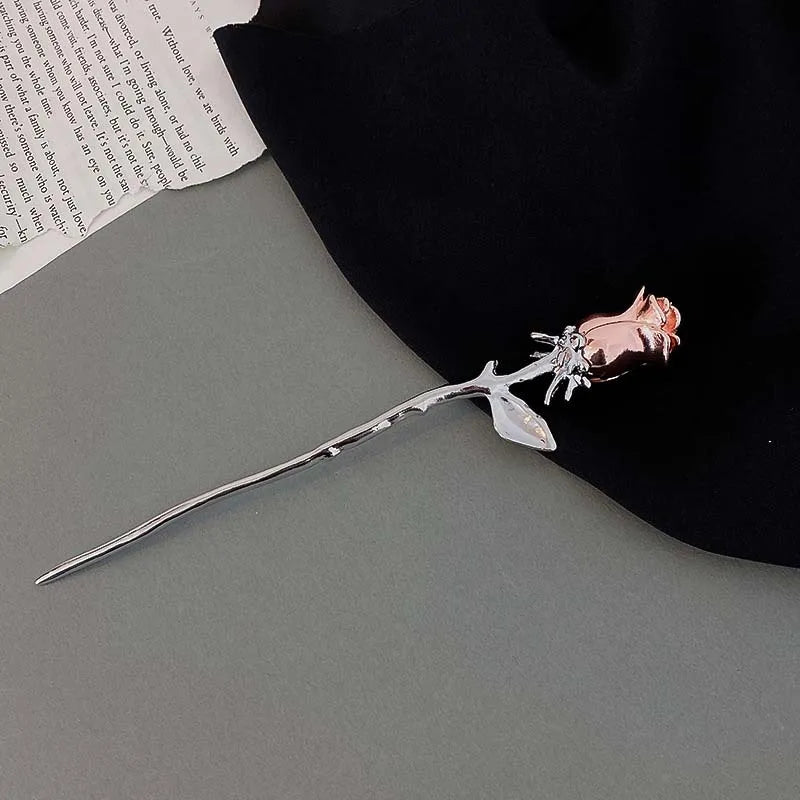 Punk Metal Rose Flower Hair Sticks Hairpins for Women Girls Vintage Chinese Style Flower Hair Clips Pins Hair Accessories