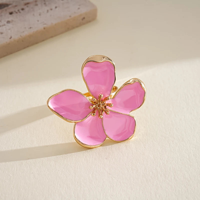 Fashion Colorful Drip Oil Flower Finger Rings for Women Sweet Metal Five Petal Floral Adjustable Ring Vacation Charms Jewelry