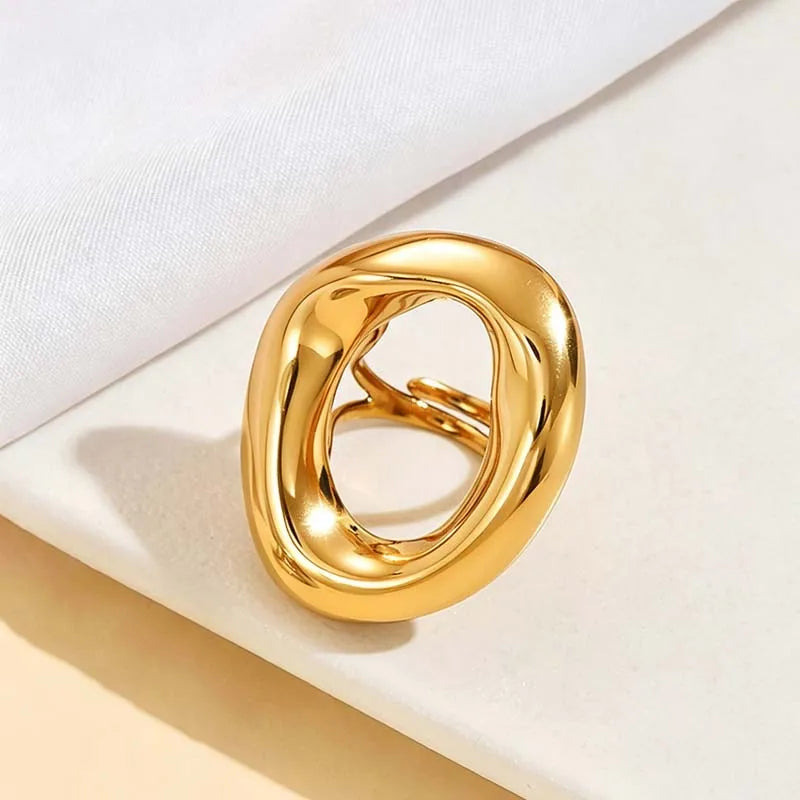 Stainless Steel Metal Hollow Irregular Open Rings For Women Exaggerated Gold Color  Geometric Chunky Ring Jewelry Gifts