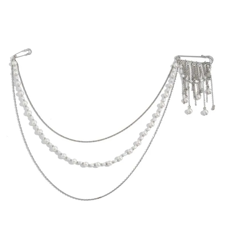 2026 New Fashion Imitation Pearl Tassel Brooch for Women Punk Hip Hop Metal Long Chain Double Pins Brooches Suit Jewelry