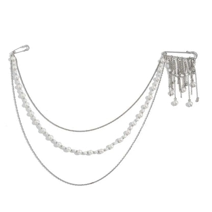 2026 New Fashion Imitation Pearl Tassel Brooch for Women Punk Hip Hop Metal Long Chain Double Pins Brooches Suit Jewelry