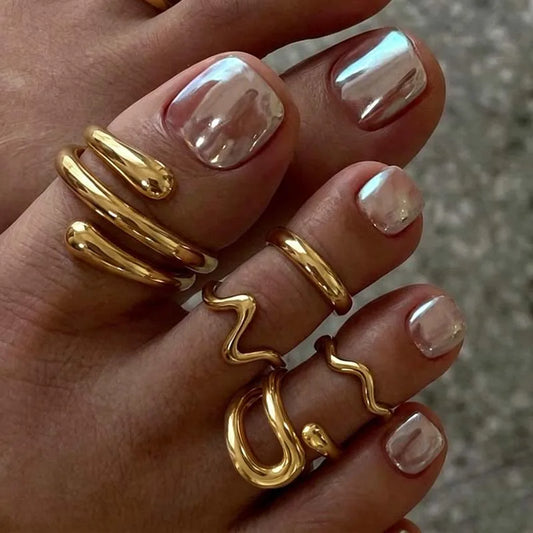 5Pcs Vintage Gold Color Irregular Line Smooth Toe Rings For Women Men Creative Adjustable Rings Beachwear Foot Vacation Jewelry