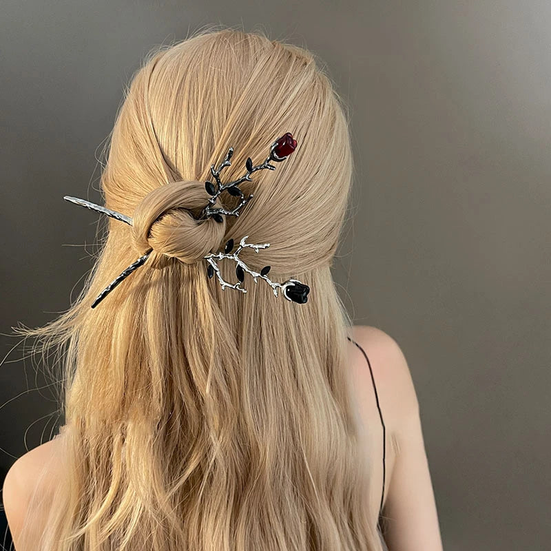 2026 New Chinese Hairpin Hair Stick Rose Flower Crystal Branch Metal Texture Vintage Hair Accessories for Women Headwear Jewelry