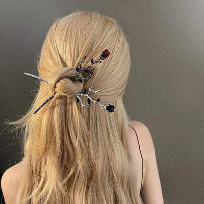 2026 New Chinese Hairpin Hair Stick Rose Flower Crystal Branch Metal Texture Vintage Hair Accessories for Women Headwear Jewelry