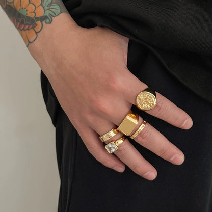 5Pcs/set Hip-Hop Punk Metal Zircon Ring Set for Men Retro Metal Art Carved Zircon Inlaid Rings Casual Trendy Jewelry Wear Gifts