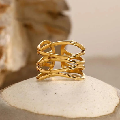 Stainless Steel Metal Irregular Line Open Rings For Women Minimalist Gold Color Geometric Curved Adjustable Ring Jewelry Gift