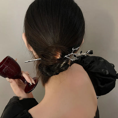 2026 New Chinese Hairpin Hair Stick Rose Flower Crystal Branch Metal Texture Vintage Hair Accessories for Women Headwear Jewelry