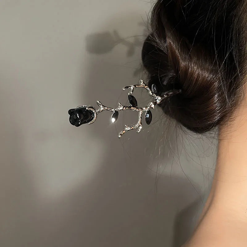 2026 New Chinese Hairpin Hair Stick Rose Flower Crystal Branch Metal Texture Vintage Hair Accessories for Women Headwear Jewelry