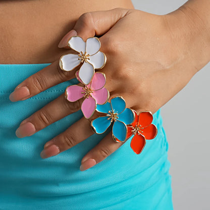 Fashion Colorful Drip Oil Flower Finger Rings for Women Sweet Metal Five Petal Floral Adjustable Ring Vacation Charms Jewelry