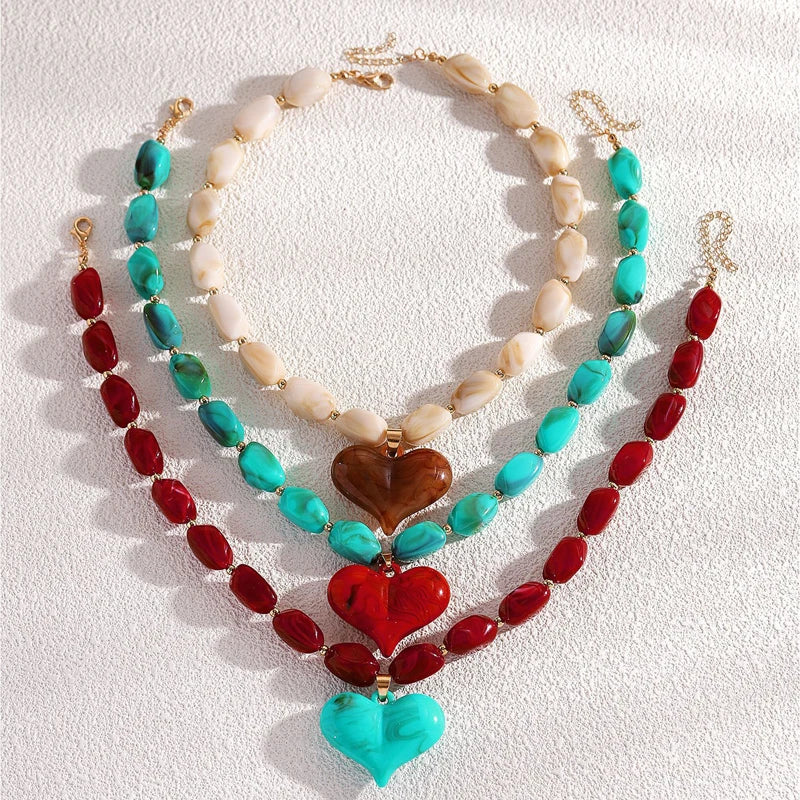 Exaggerated Colorful Resin Large Heart-Shaped Pendant Necklace for Women Vacation Style Irregular Beads Choker Necklaces Jewelry