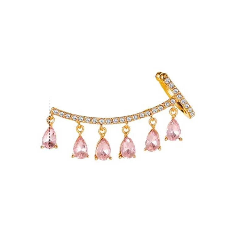 Fashion Teardrop Tassels Curved Stud Earrings For Women Elegant Pink Shiny Zircon Earrings Wedding Jewelry Accessories