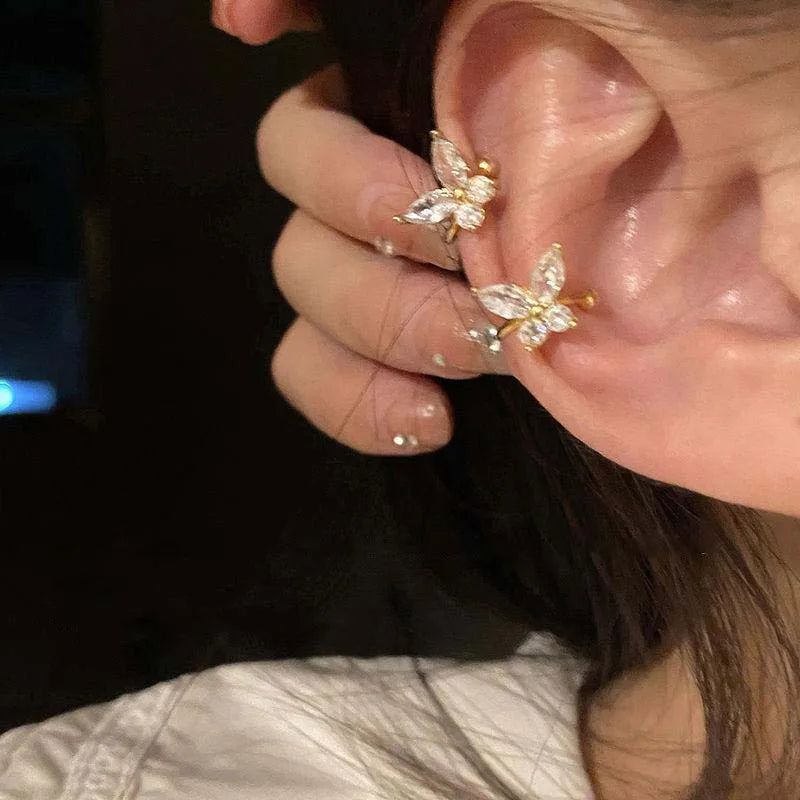1Pcs Gold Color Zircon Butterfly Ear Clip Female Luxury Shiny Crystal Non-Piercing Fake Cartilage Ear Cuff Jewelry Gifts
