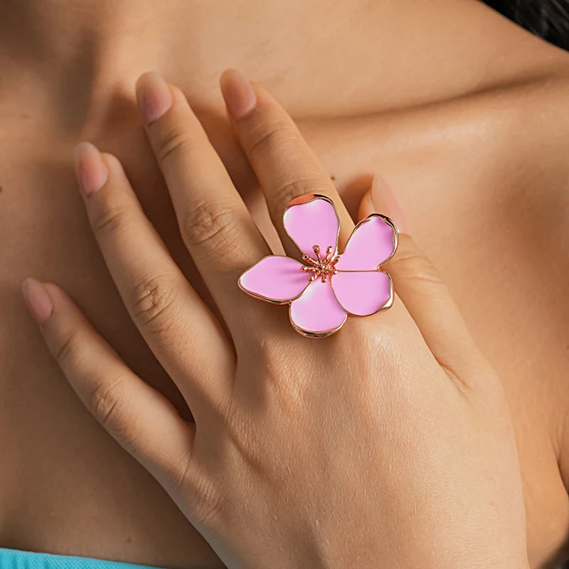 Fashion Colorful Drip Oil Flower Finger Rings for Women Sweet Metal Five Petal Floral Adjustable Ring Vacation Charms Jewelry