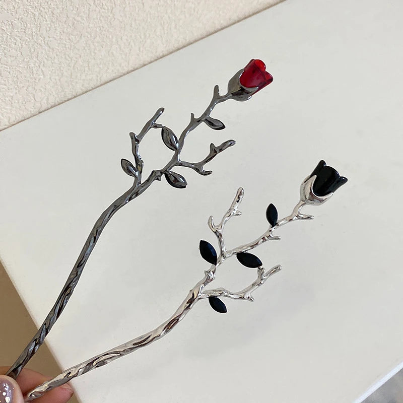 2026 New Chinese Hairpin Hair Stick Rose Flower Crystal Branch Metal Texture Vintage Hair Accessories for Women Headwear Jewelry