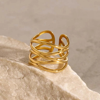 Stainless Steel Metal Irregular Line Open Rings For Women Minimalist Gold Color Geometric Curved Adjustable Ring Jewelry Gift