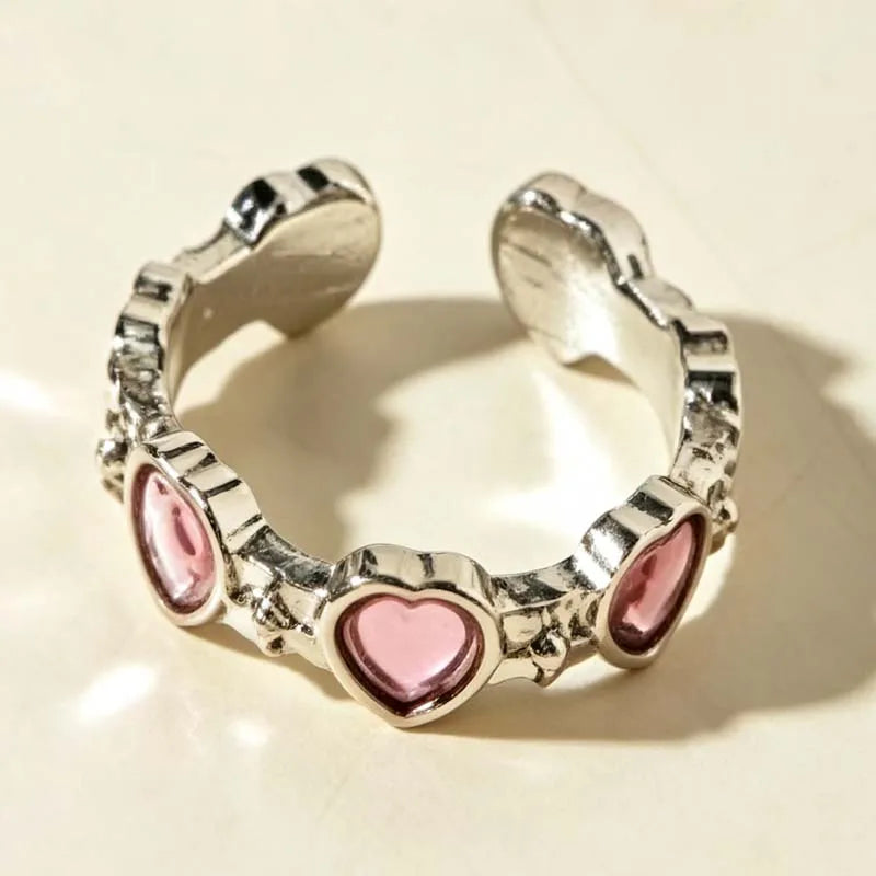 10Pcs/Set Y2K Pink Zircon Heart Bowknot Open Rings Set for Women Fashion Metal Irregular Adjustion Finger Ring Wedding Jewelry