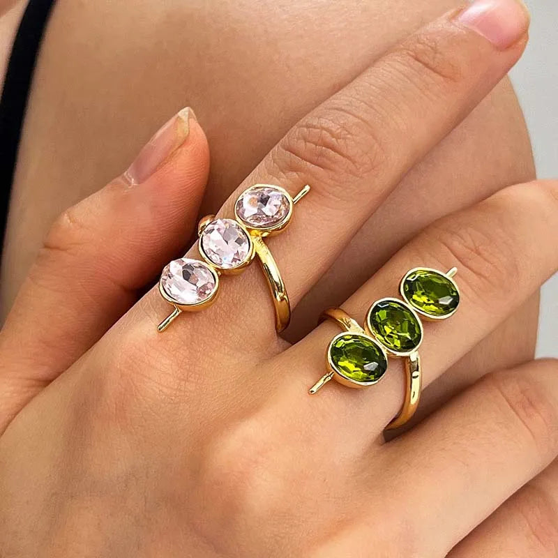 Luxury Green Zirconia Open Ring for Women Exquisite Crystak Bead Shaped Geometric Adjustable Ring Party Jewelry Gifts