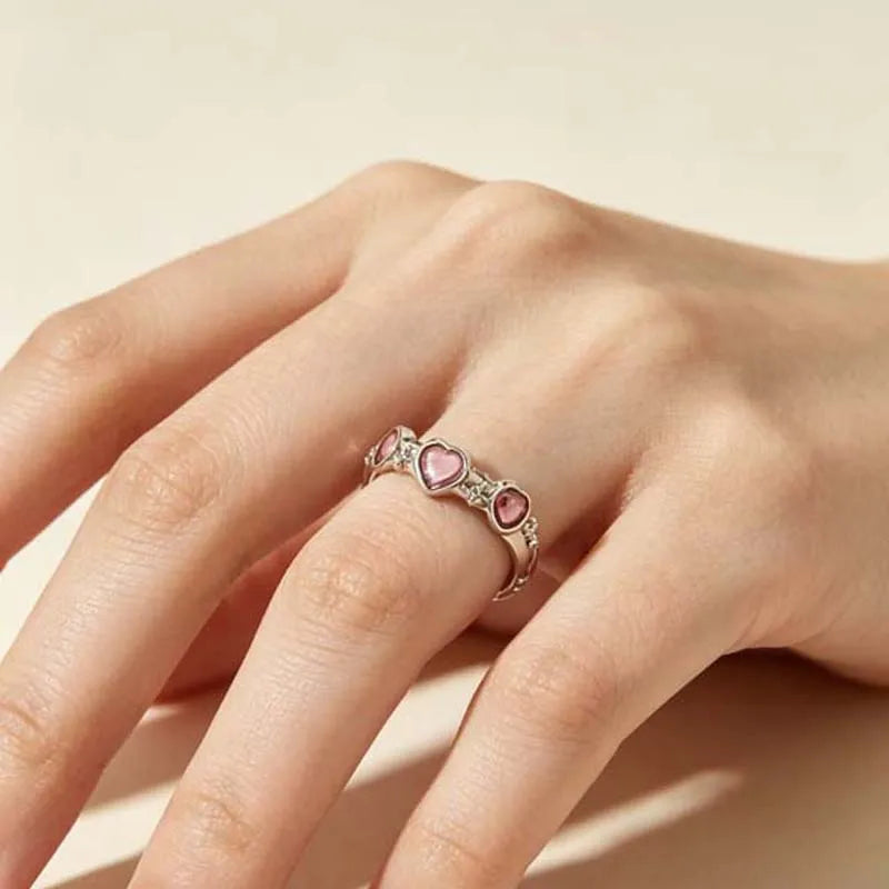 10Pcs/Set Y2K Pink Zircon Heart Bowknot Open Rings Set for Women Fashion Metal Irregular Adjustion Finger Ring Wedding Jewelry