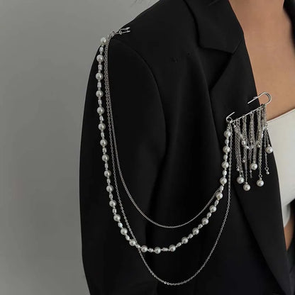 2026 New Fashion Imitation Pearl Tassel Brooch for Women Punk Hip Hop Metal Long Chain Double Pins Brooches Suit Jewelry