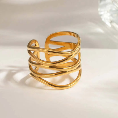 Stainless Steel Metal Irregular Line Open Rings For Women Minimalist Gold Color Geometric Curved Adjustable Ring Jewelry Gift