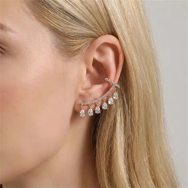 Fashion Teardrop Tassels Curved Stud Earrings For Women Elegant Pink Shiny Zircon Earrings Wedding Jewelry Accessories