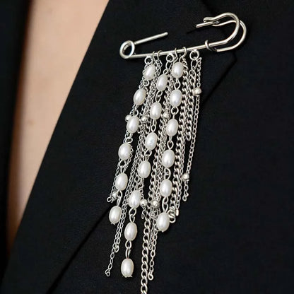 Fashion Metal Flower Pearl Tassel Chain Brooch For Women Exaggerated Multilayer Pants Chain Charm Brooches Jewelry Accessories