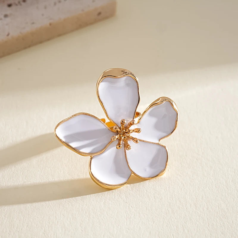 Fashion Colorful Drip Oil Flower Finger Rings for Women Sweet Metal Five Petal Floral Adjustable Ring Vacation Charms Jewelry