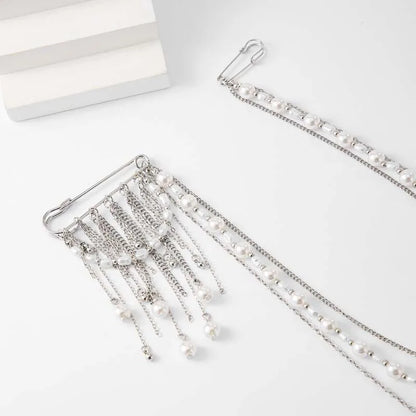 2026 New Fashion Imitation Pearl Tassel Brooch for Women Punk Hip Hop Metal Long Chain Double Pins Brooches Suit Jewelry